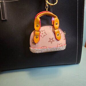 Tan Flower Print on Dusty Pink PU Bag Charm